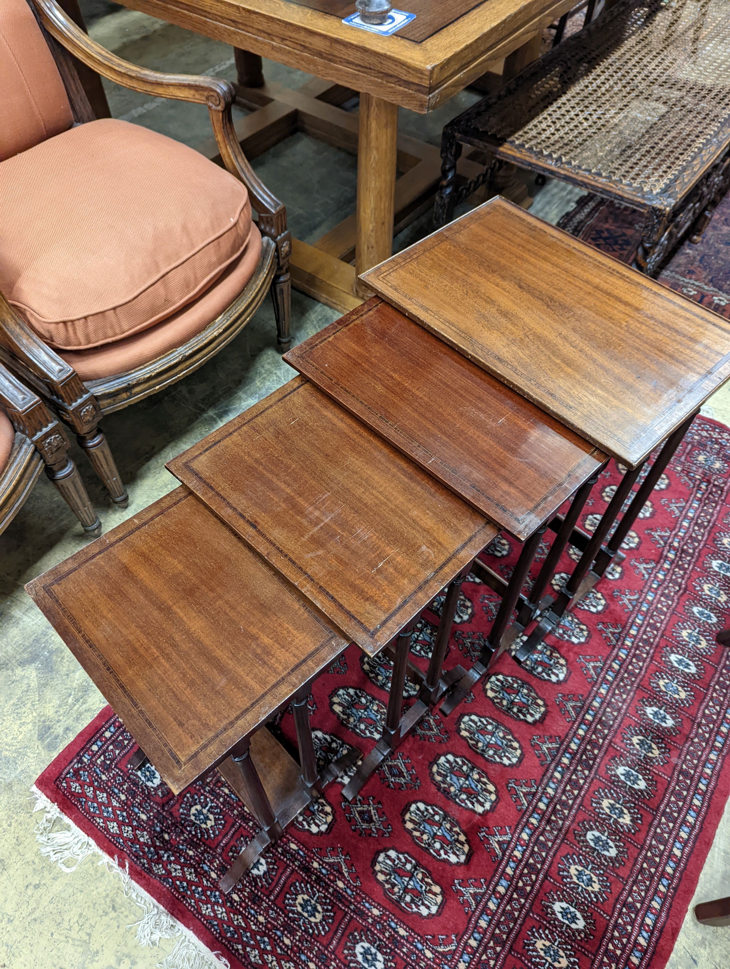 A quartetto of Regency style rectangular banded mahogany tea tables, width 47cm, depth 31cm, height 62cm